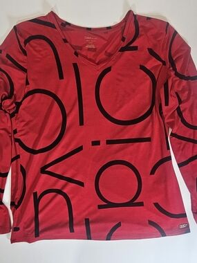 Calvin Klein Top Womens Large Red Black All Over Print Casual 90s Designer Stree